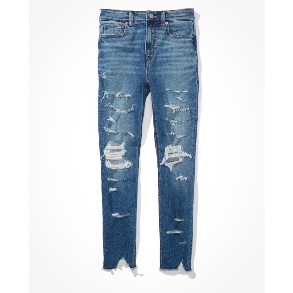 American Eagle Mom Jeans Ripped High Waist Stretch Indigo Shatter 2 Regular 2R